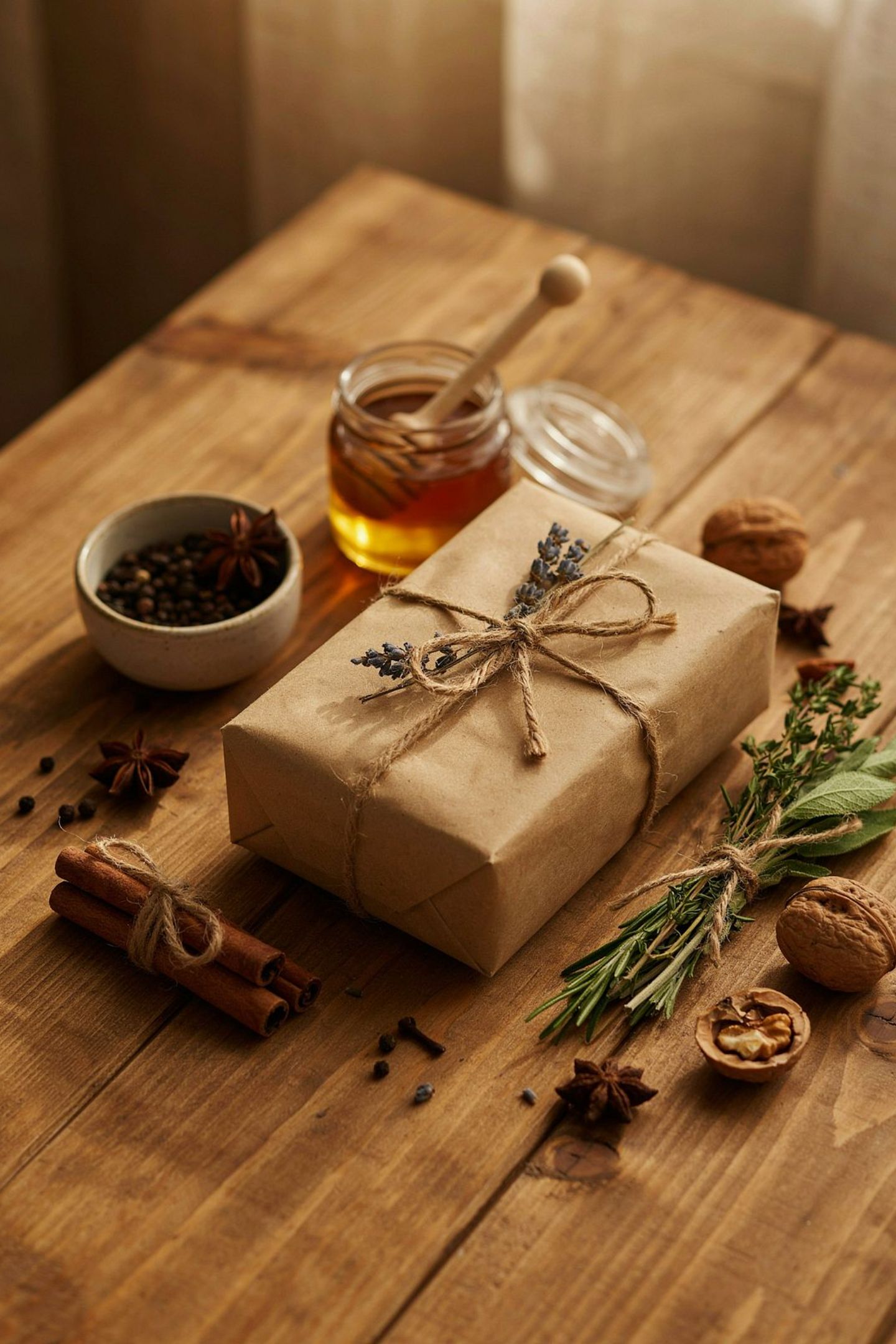 Embalagem de presente sobre mesa de madeira com elementos naturais